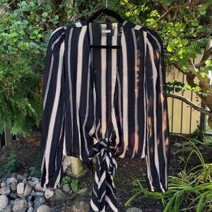 Reformation French Style Black Beige Striped Tie Front Top Wrap Blouse - XS/S